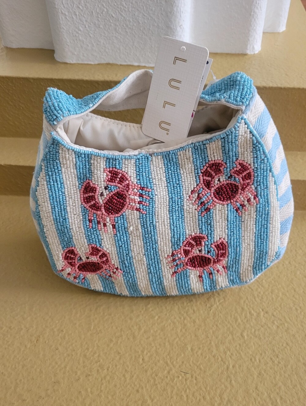 LULU Blue & White Beaded Crab Purse Nwt
